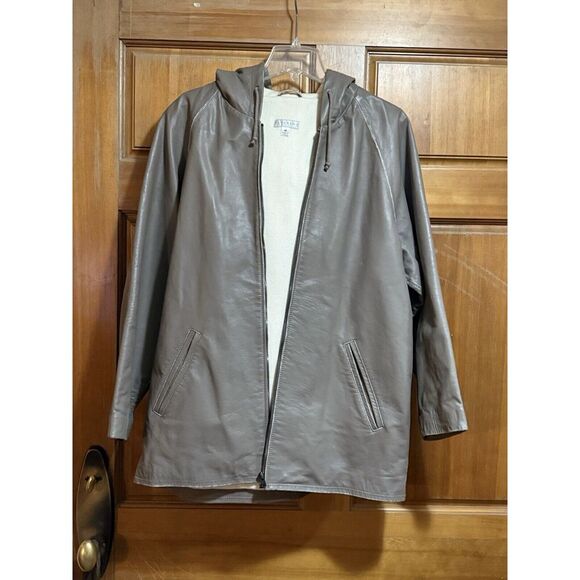 Fitigues Women's Medium Leather Jacket W/ Hood Vintage Distressed Gray Long Warm - Picture 1 of 12